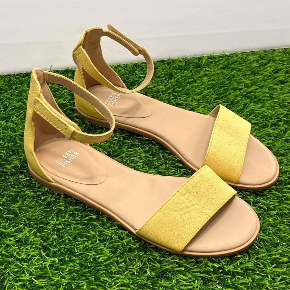 Eileen Fisher Razz Tumbled Yellow Leather Ankle Strap Flat Sandals Size 7